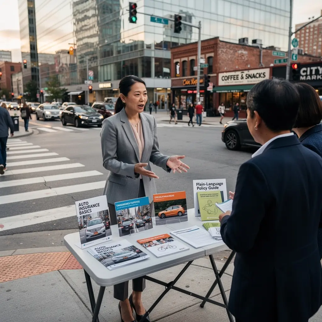 Osoba analizująca różne scenariusze dotyczące ubezpieczeń samochodowych w przyjaznym otoczeniu.