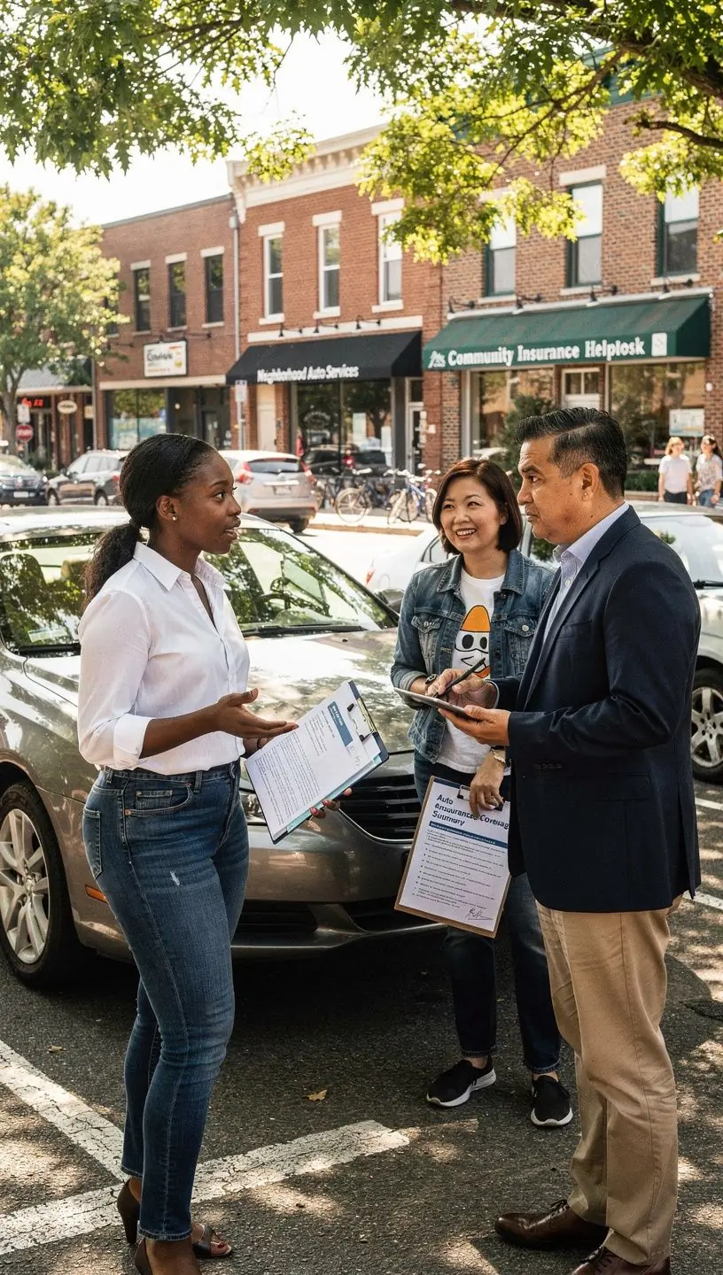 Osoba analizująca różne scenariusze dotyczące ubezpieczenia samochodowego na tle wizualizacji miasta.