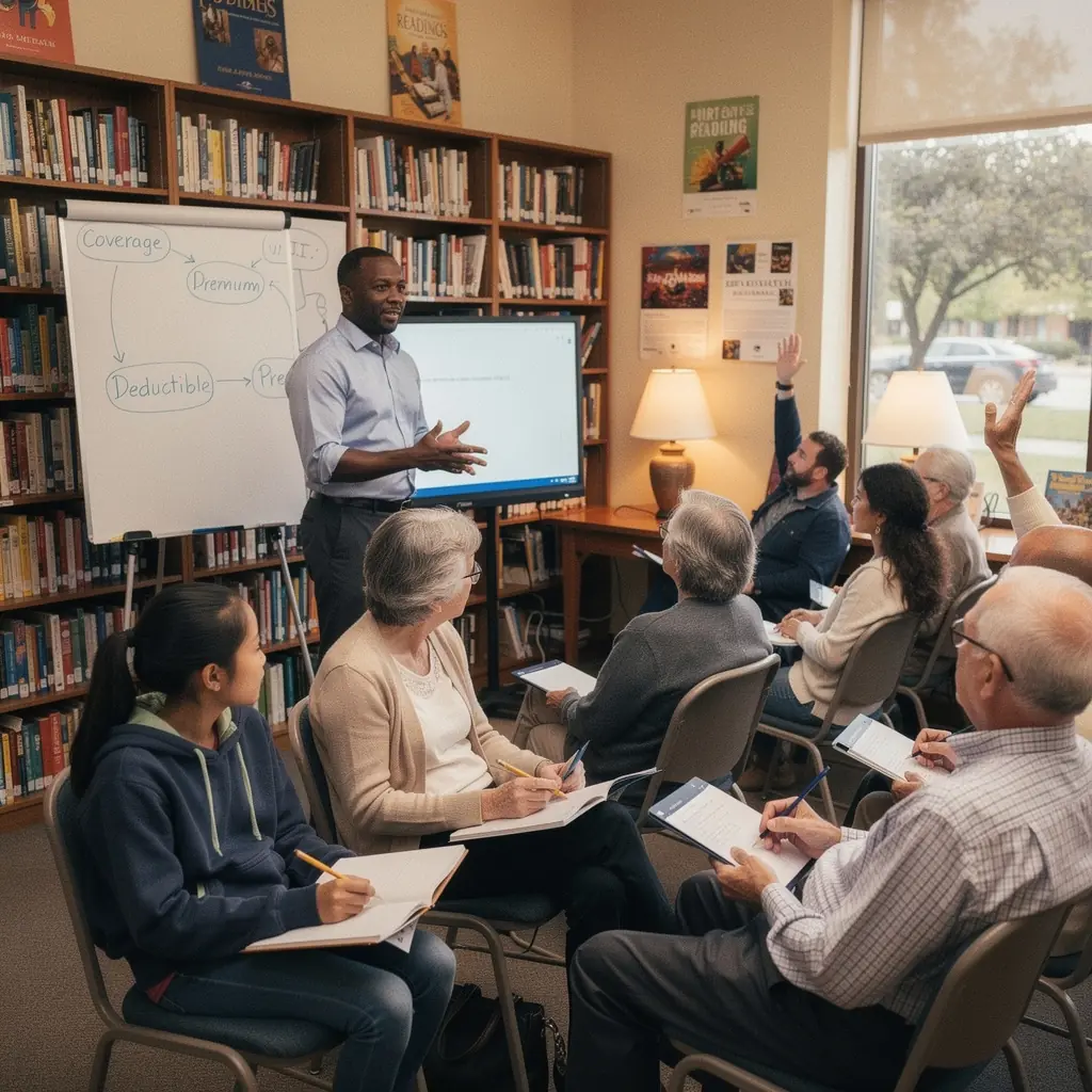 Grupa osób omawiająca szczegóły ubezpieczenia samochodu w przyjaznej atmosferze.