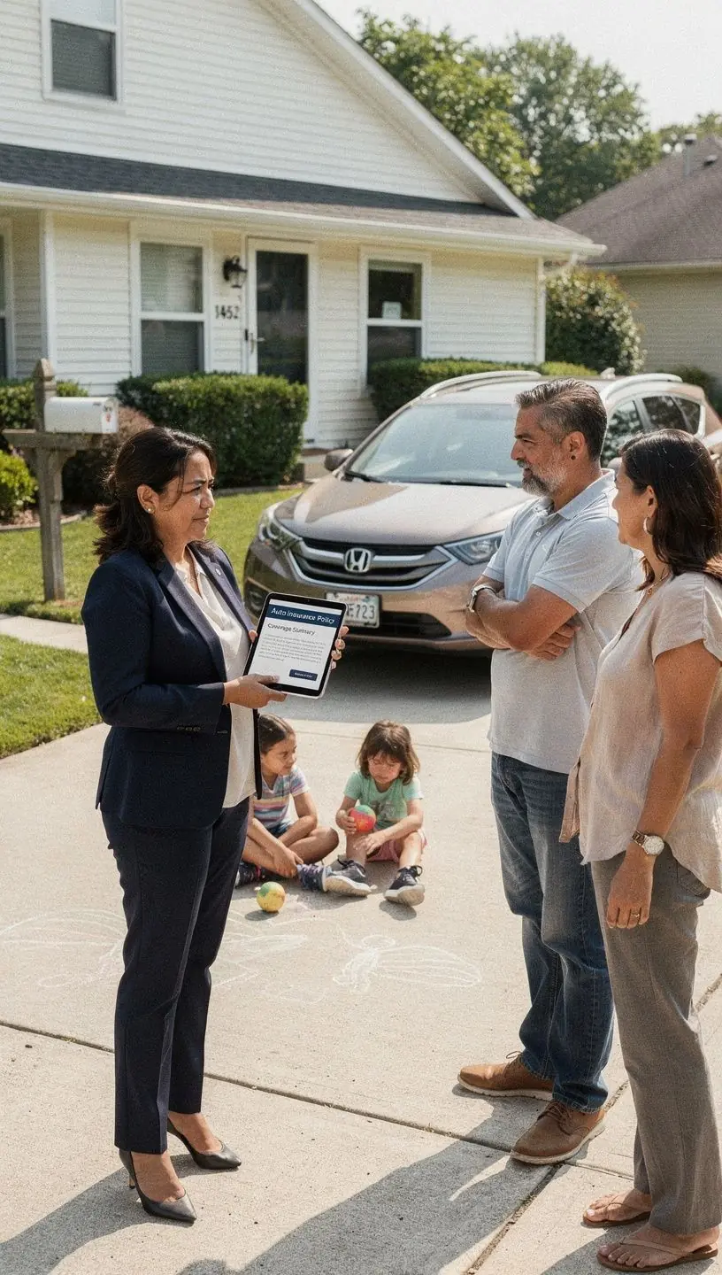 Ilustracja przedstawiająca różne scenariusze związane z ubezpieczeniem samochodowym, z opisami pokrycia.
