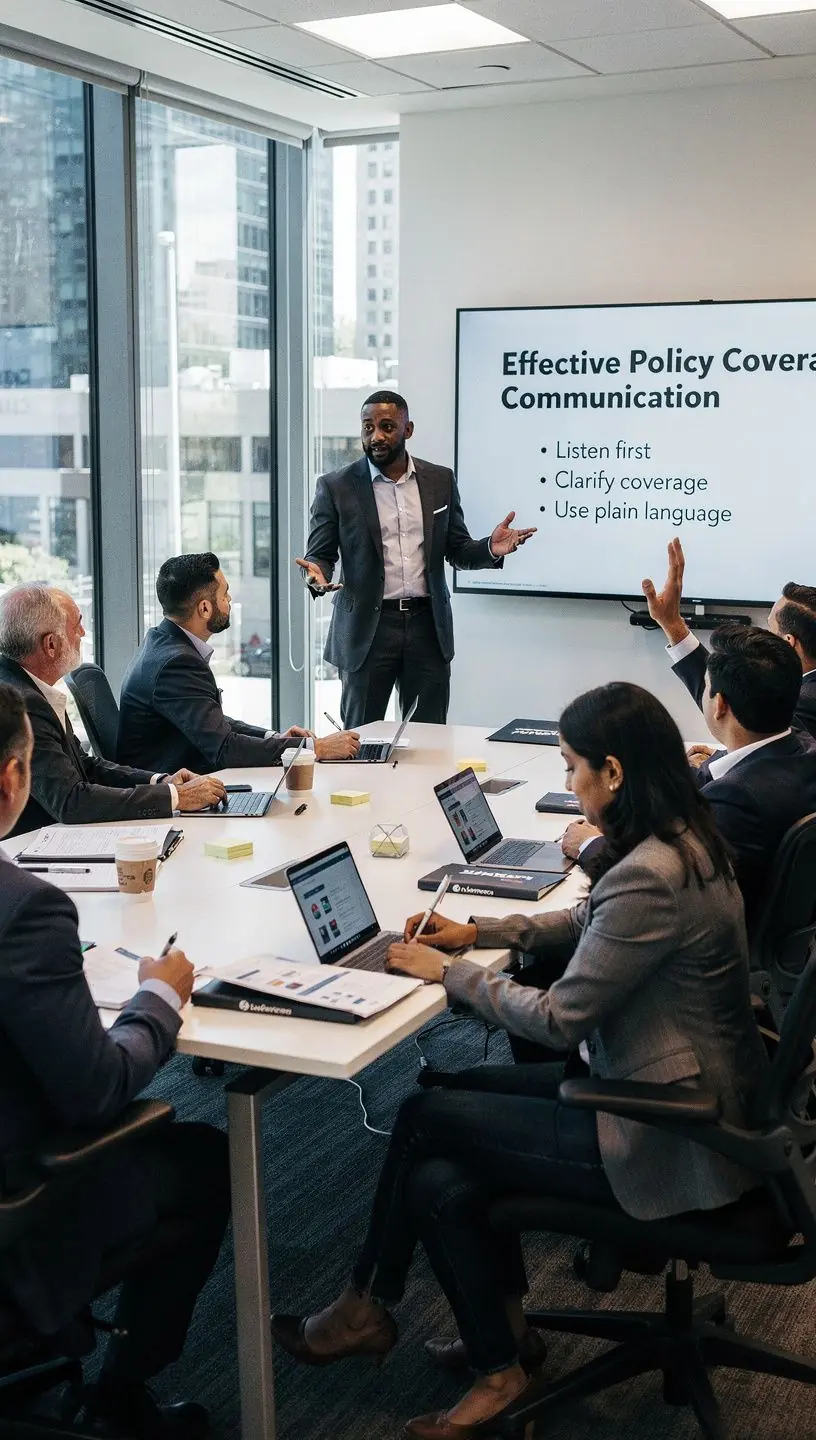 Biurko z dokumentami dotyczącymi ubezpieczenia samochodowego oraz laptopem, na którym widoczna jest analiza polisy.